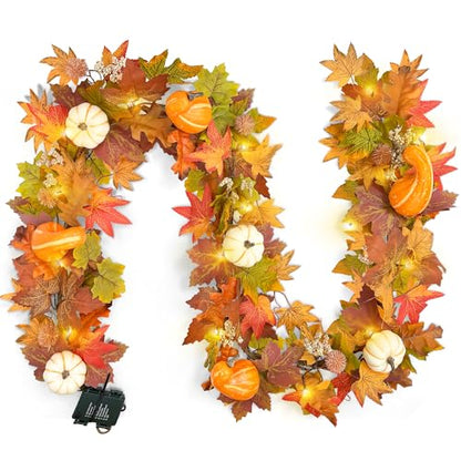 6ft Pumpkin Maple Leaf & Berries Fall Garland with Light String