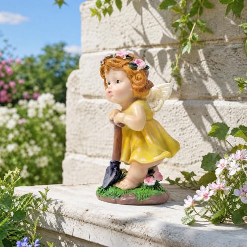 XJar Garden Fairy Figurine, Hand Painted Resin Yard Decor Statue - color: Flower Fairy Gardener-yellow