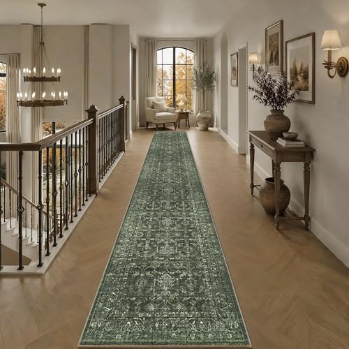 2x14 Washable Kitchen Runner Rug Soft Vintage Dark Green Throw Carpet - color: Dark Green, size: 2' x 14' (Runner)