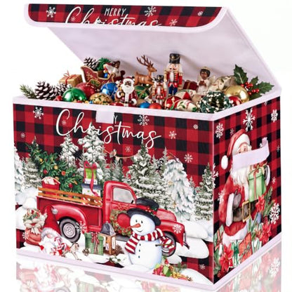 Briwooody Red Plaid Christmas Storage Bin with Lid and Carrying Handle - style: Plaid Christmas