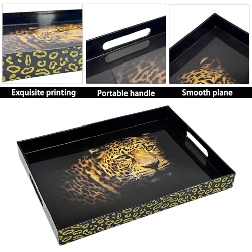 Serving Tray with Handles, 15.7 * 11.8 inches, Plastic Ottoman Tray with Exquisite Paintings, Trays for Coffee Table - color: Leopard