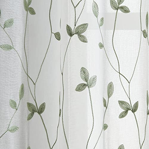 Curtainworks Botanical Embroidery Sheer Window Curtain Collection, Rod Pocket, 84-inch Panel Pair, Sage, Green - color: Green, size: 37"W x 84"L (Pack of 2)