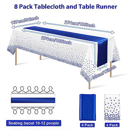 8Pack Disposable Plastic Tablecloths and Satin Table Runner White and Royal Blue Dot Tablecloth Blue Satin Table Runner for Wedding Birthday Baby Shower Anniversary Christmas New Year Party Supplies - color: White and Blue, size: 8 Pack