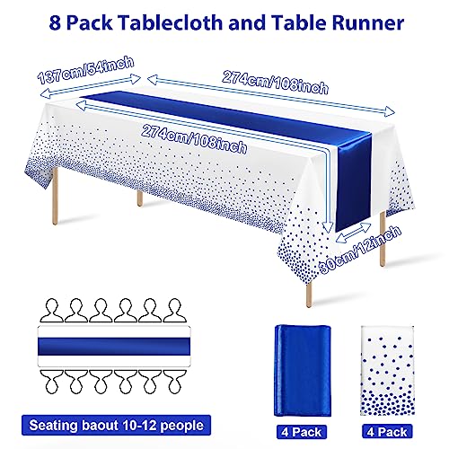 8Pack Disposable Plastic Tablecloths and Satin Table Runner White and Royal Blue Dot Tablecloth Blue Satin Table Runner for Wedding Birthday Baby Shower Anniversary Christmas New Year Party Supplies - color: White and Blue, size: 8 Pack