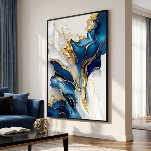 Extra Large Framed Blue White and Gold Abstract Wall Art, Vertical 40x60 In - color: Blue and White A, size: 60"L x 40"W