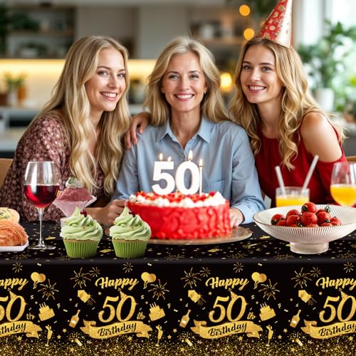 3 Pack 50th Birthday Plastic Tablecloth, Black Gold Disposable Table Cover - color: 50th Birthday