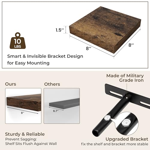 RICHFOCUS 8Inch Square Floating Shelves for Wall 4Pack|Rustic Brown - color: Rustic Brown, size: 8"L x 8"D, Set of 4