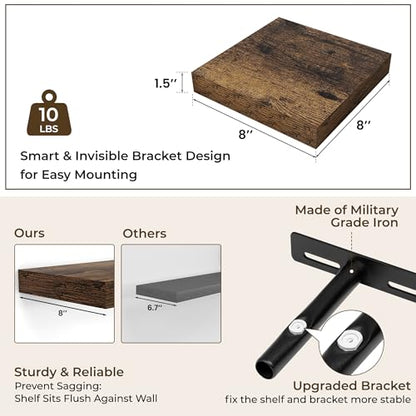 RICHFOCUS 8Inch Square Floating Shelves for Wall 4Pack|Rustic Brown - color: Rustic Brown, size: 8"L x 8"D, Set of 4