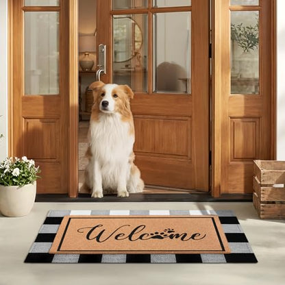 2-Piece Layered Welcome Mat Set - Coir Doormat & Buffalo Plaid Rug - color: Dog Paws