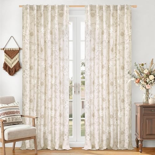 LAMIT 90 Inch Taupe Floral Linen Semi Sheer Curtains for Living Room - color: Taupe on Beige, size: 52"W x 90"L (Pack of 2)