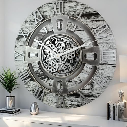 ImprovingLife The Gears Clock 24'' Inch Real Moving Gear Wall Clock England Line (Grey & White, 24 inches (60 cm)) - color: Grey & White, size: 24 inches (60 cm)