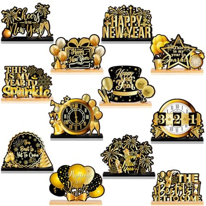 Marsui 12 Pcs Happy New Year Wooden Signs Fall Pumpkin Ghost Cat - style: Happy New Year