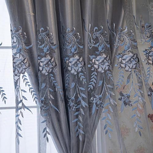 Amidoudou 1 Pair European Double Layer Curtains for Living Room Bedroom Luxury Peacock Flower Embroidered Curtains with Valance (Grey,51x96 Inch) - color: Grey, size: 51"W x 96"L (Pack of 2)