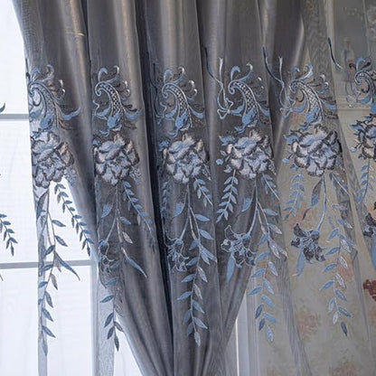 Amidoudou 1 Pair European Double Layer Curtains for Living Room Bedroom Luxury Peacock Flower Embroidered Curtains with Valance (Grey,51x96 Inch) - color: Grey, size: 51"W x 96"L (Pack of 2)