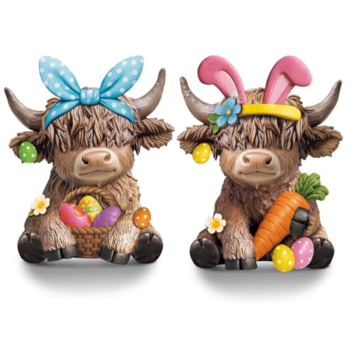Karenhi 2 Pcs Highland Cow Figurines Resin, Bunny Ears Spring Decor - style: Easter