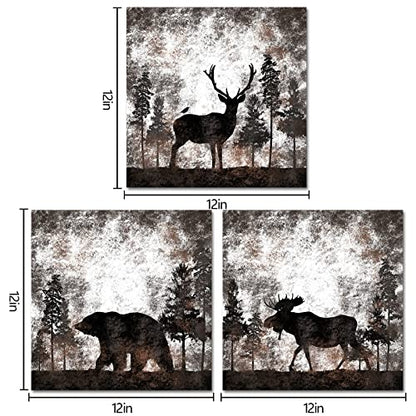 HOMEOART Bear Elk Moose Canvas Wall Art Animal in Forest Rustic Decor Picture Framed Canvas Print Farmhouse Cabin Lodge Home Wall Decor 12"x12"x3 Pieces