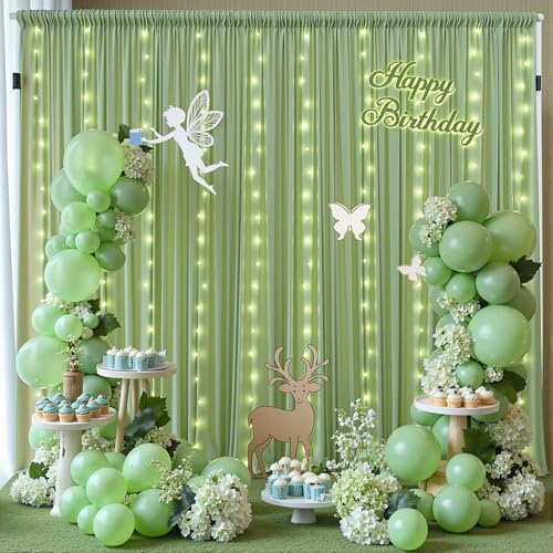 10 x 10 Sage Green Backdrop Curtain with Lights String for Party - color: Sage Green, size: W5' x H10'(2 panels)