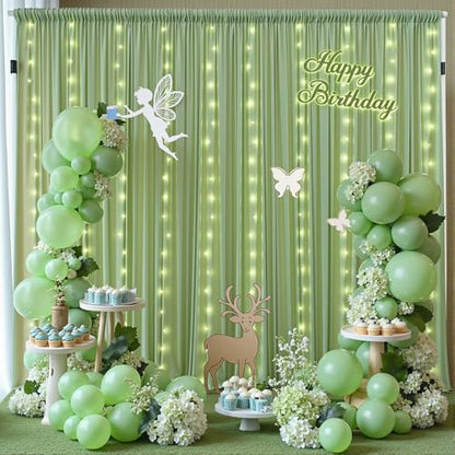 10 x 10 Sage Green Backdrop Curtain with Lights String for Party - color: Sage Green, size: W5' x H10'(2 panels)