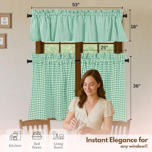 Native Fab Gingham Buffalo Check 3 Piece Window Curtain Tiers 26"x36" and Valance 54"x18" Set - Rod Pocket - Semi Sheer - Short Curtain for Kitchen, Cafe, Living Room - Lemon Green White - color: Lemon Green