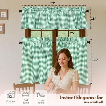 Native Fab Gingham Buffalo Check 3 Piece Window Curtain Tiers 26"x36" and Valance 54"x18" Set - Rod Pocket - Semi Sheer - Short Curtain for Kitchen, Cafe, Living Room - Lemon Green White - color: Lemon Green