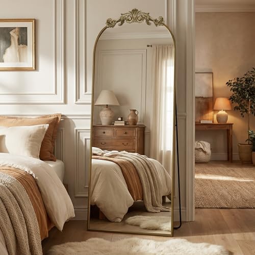 MISSDAY Vintage Baroque Full Length Mirror, 71"X32" Antique Large Arched Full Body Mirror Freestanding with French Carving Top, Full Metal Frame Stand Up Retro Mirrors for Bedroom Living Room, Bronze - color: Bronze, size: 71"L x 32"W