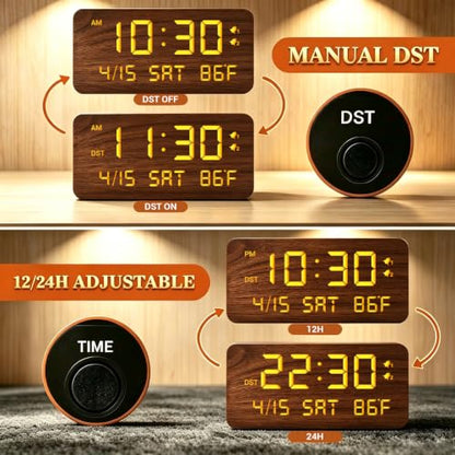 Premium Brown Wooden Digital Alarm Clock with Wireless Phone Charger, Dual USB Charging Ports, Dimmable LED Display, Date and Day of Week, Small Digital Desk Clock for Bedroom Nightstand Bedside Table - color: Brown