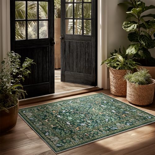 2x3 Washable Rugs for Entryway Indoor: Small Area Rug Door Mat Entrance Non-Slip Low Pile Soft Throw Rug for Kitchen Front Door Indoor Entrance Bedside Entry Kids Room - color: Animal and Floral-dark Green, size: 2' x 3' (Rectangular)