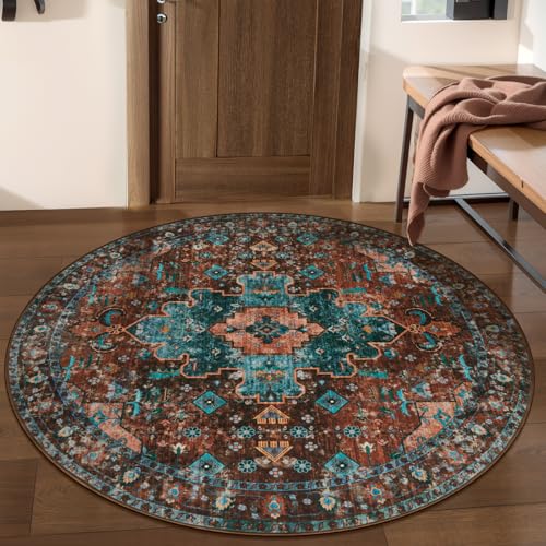 Ciicool 4ft Round Boho Area Rug,Washable Circle Throw Rugs for Entryway - color: Brick Red/Dull Teal, size: 4' (Round)
