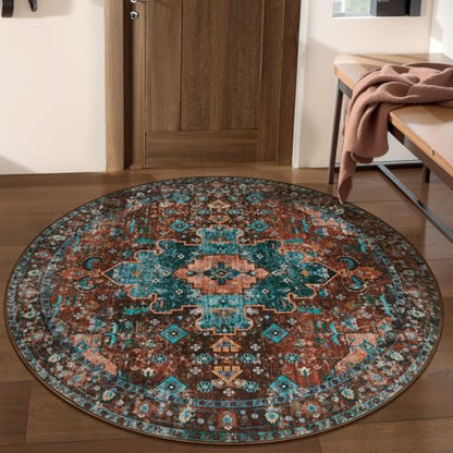 Ciicool 4ft Round Boho Area Rug,Washable Circle Throw Rugs for Entryway - color: Brick Red/Dull Teal, size: 4' (Round)