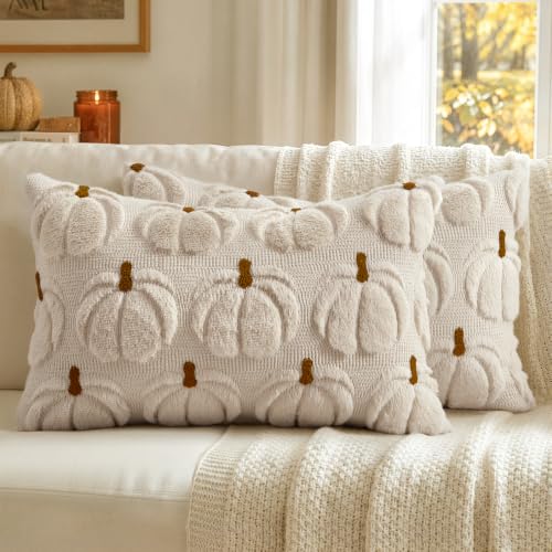MIULEE Fall Pumpkin Pillow Covers Fall Decor Beige Brown Stem 12x20 - color: Beige Brown Stem, size: 20" x 12" (Pack of 2)