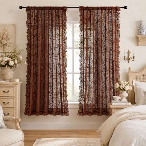 TUDECO Brown Lace Floral Curtains 72 Inch Long, Ruffle Edge, 2 Panels - color: Brown, size: 59"W x 72"L (Pack of 2)