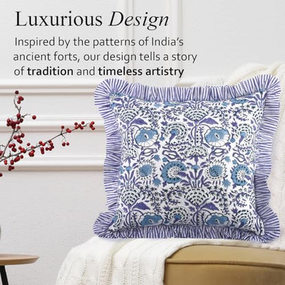 CPC Indigo Blue Block Print Ruffle Pillow Cover 18x18 Inch, Pack of 2 - color: Indigo Blue, size: 18" x 18" (Pack of 2)