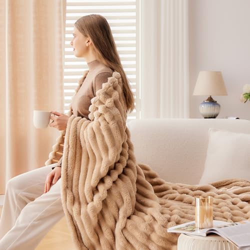 NEWCOSPLAY Fleece Ribbed Cozy Throw Blanket for Couch, Brown, 50"x60" - color: Brown Ribbed, size: Throw(50"x60")