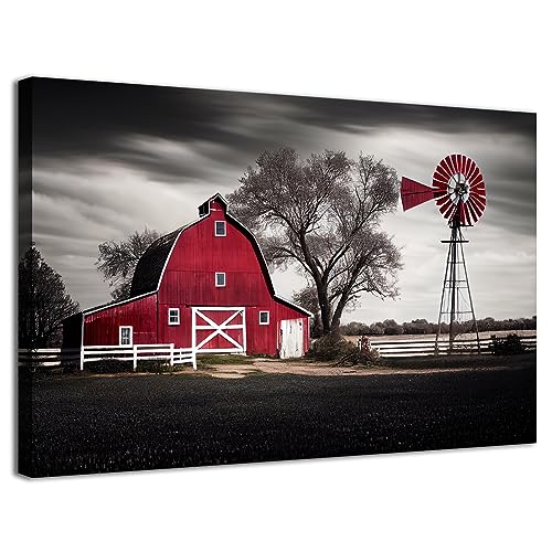 Farmhouse Barn Wall Art Red Barn Windmill Canvas Print Rustic Country Landscape Black White Vintage Farmhouse Artwork for Living Room Bedroom Kitchen Dining Room Office Home Decor 12x16 Inch - color: Red Bran, size: 16"L x 12"W