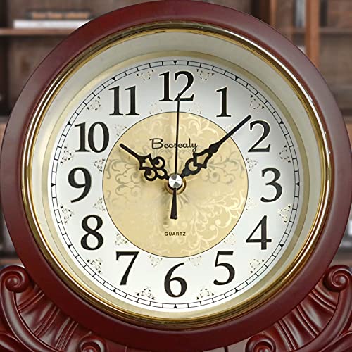 Table Clock, Antique Desk Clock, Modern Quartz Movement-Continuous Scanning (Ultra-Quiet), Suitable for Mantel/Desktop, Living Room Decoration (Maroon)