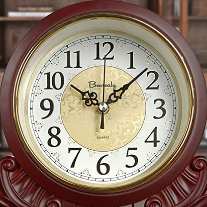 Table Clock, Antique Desk Clock, Modern Quartz Movement-Continuous Scanning (Ultra-Quiet), Suitable for Mantel/Desktop, Living Room Decoration (Maroon)