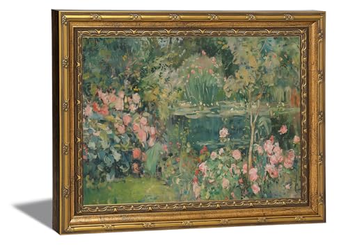 Gold Framed Canvas Wall Art Vintage Impressionist Rose Garden Pond Picture Wall Decor Rustic Farmhouse Floral Print Paintings Ideal for Living Room Bedroom Thoughtful gift and Home Decor 9x11 in - color: Rose Garden, size: 9"L x 11"W