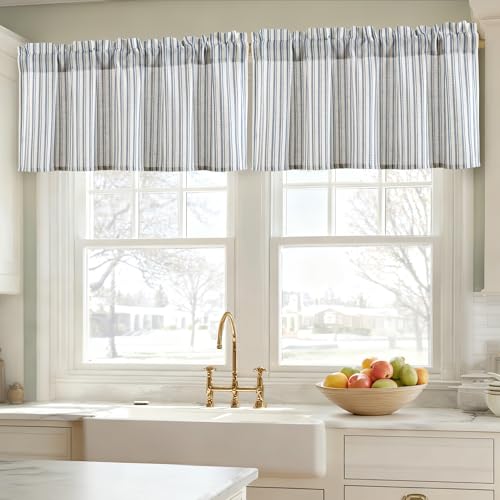 JIUZHEN 52x14 Inch Kitchen Valance - Thick Textured Linen Striped Window Valance Curtain with 3" Rod Pocket, Vertical Striped Blue (1 Panel) - color: Vertical Striped Blue, size: 52"W x 14"L (Pack of 1)