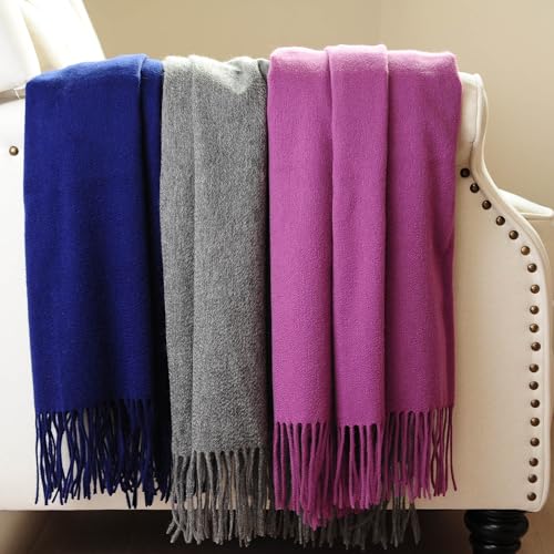 CUDDLE DREAMS Premium Cashmere Throw Blanket with Fringe (Navy) - color: Navy