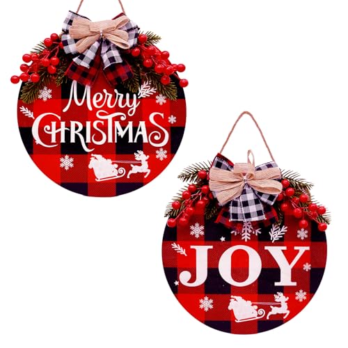 2 PCS Buffalo Plaid Christmas Wall Decor, 12 Inch Merry Christmas Sign Wood Wreath Hanging Porch Window Decoration Indoor Outdoor - size: 2Pieces