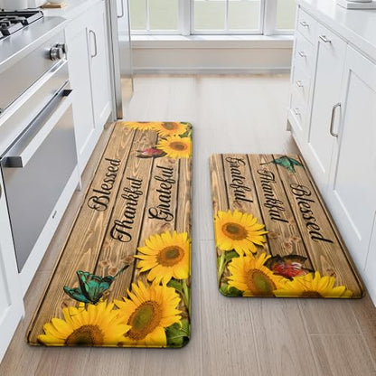 MAYHMYO Sunflower Kitchen Decor Mat Set, 2PC Kitchen Mats, Anti Fatigue - color: Wood Grain
