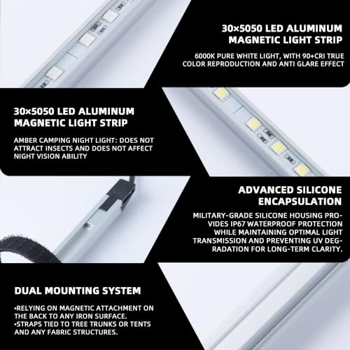 12V LED Interior Light Bar Kit, 4 Bars White Adjustable Brightness RV Camping Lights - Waterproof IP67, Magnetic & Strap Mount, Portable Lighting for Tent, Car, Trailer, Boat, Truck, Off-Road, Cabin - color: white light/silvery