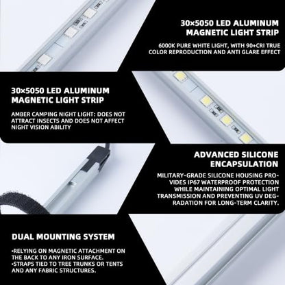 12V LED Light Bar Kit, 2 Bars White & 2 Bars Amber Adjustable Brightness RV Camping Lights - Waterproof IP67, Magnetic & Strap Mount, Portable Lighting for Tent, Car, Trailer, Boat, Truck, Off-Road - color: Amber light/silvery