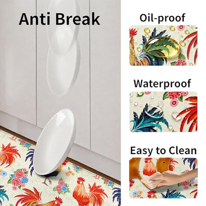 Kitchen Rugs for Floor 2 Pcs Memory Foam Padded Anti Fatigue Kitchen Mat - color: Rooster-2