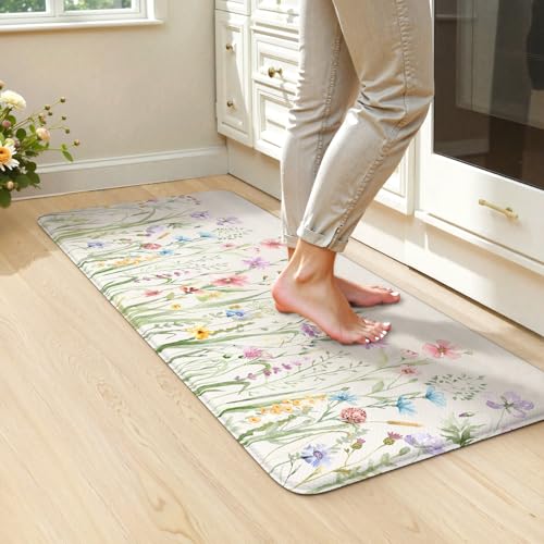 KIMODE Anti Fatigue Mats for Kitchen Floor,20"x39" White Floral Kitchen Rug - color: Floral/White, size: 39"L x 20"W x 0.5"Th
