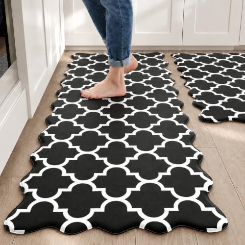 Arenarug Scalloped Kitchen Mats for Floor 2PCS, Black Anti Fatigue Rugs - color: Noir Black, size: 17.3"x30"+17.3"x47"