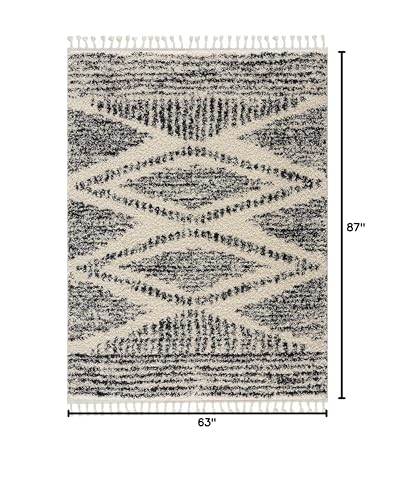 Hauteloom Berber Shag Collection - Fishhook Farmhouse Living Room Bedroom Area Rug with Tassel - Fluffy Plush High Pile Carpet - Southwestern Bohemian Tribal Style - Beige, Black - 5'3" x 7'3" - color: Light Brown, Black, White / Fishhook Fishh, size: 5'3