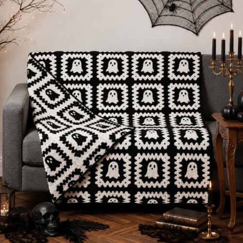 Halloween Ghost Granny Square Blanket Reversible Boo Knit Throw Blankets - color: Black and White, style: Halloween Ghosts