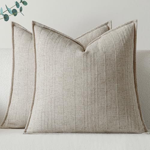 a moment Linen Pillow Covers Set of 2,Boho Farmhouse Throw Pillowcases Neutral Textured Decorative Covers for Couch Sofa Bed, Soft Linen Blend Accent Case Cushion Living Room Home Decor 20"x20"Khaki - color: Khaki, size: 20" x 20" (Pack of 2)