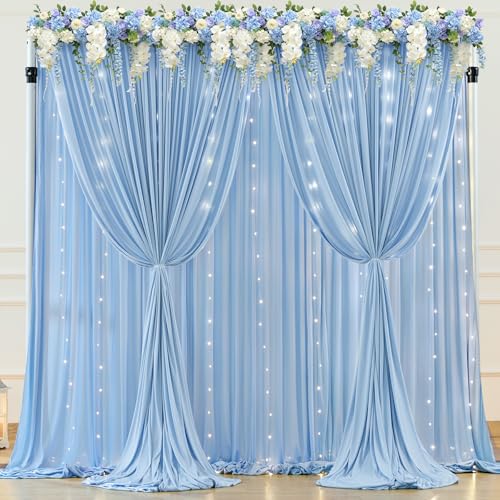 20 x 10ft Baby Blue Backdrop Curtains with Lights String - color: Baby Blue, size: W5' x H10'(4 panels)